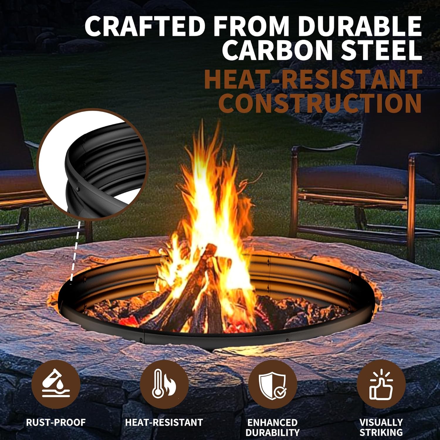 48 Inch Fire Pit Ring,Large Fire Pit Ring for Outside Wood Burning, Fire Pits Rings with High-Temperature Coating for Backyard, Bonfire, Camping, Beach(4x4 FT)