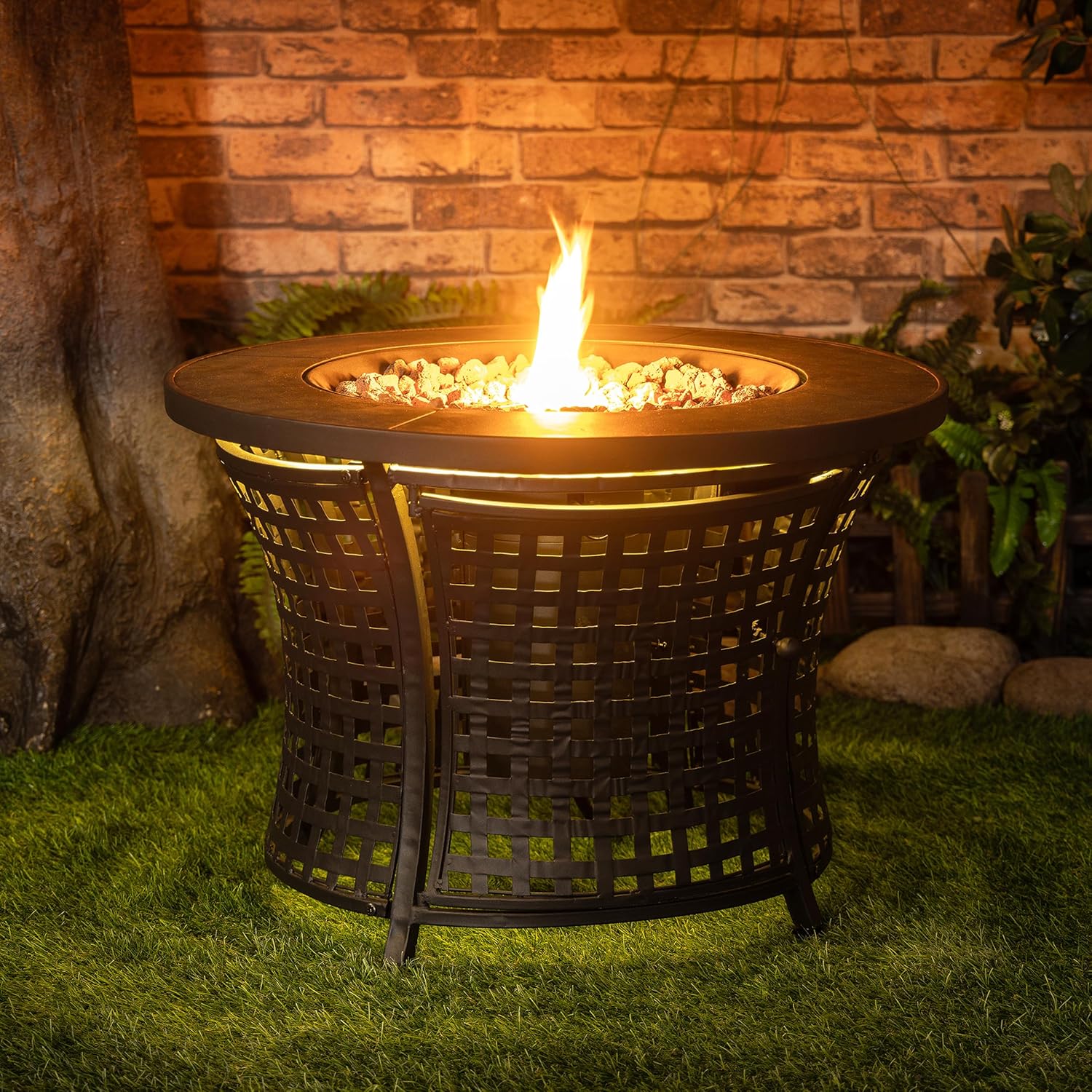 Round Outdoor Propane Gas Fire Pit Table 8,000 BTU Propane with Lava Rock Filler