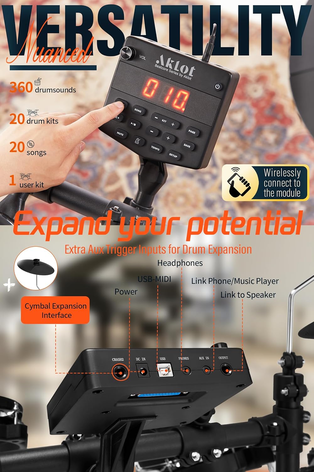 AKLOT B-CORE530 Electric Drum Set: Dual-Zone Quiet Mesh Drum Pads, 10’’ Dual-Trigger Cymbals, Height-Adjustable Rack, 360 Sounds, USB MIDI, Lesson Book, Throne, Sticks, Headphones