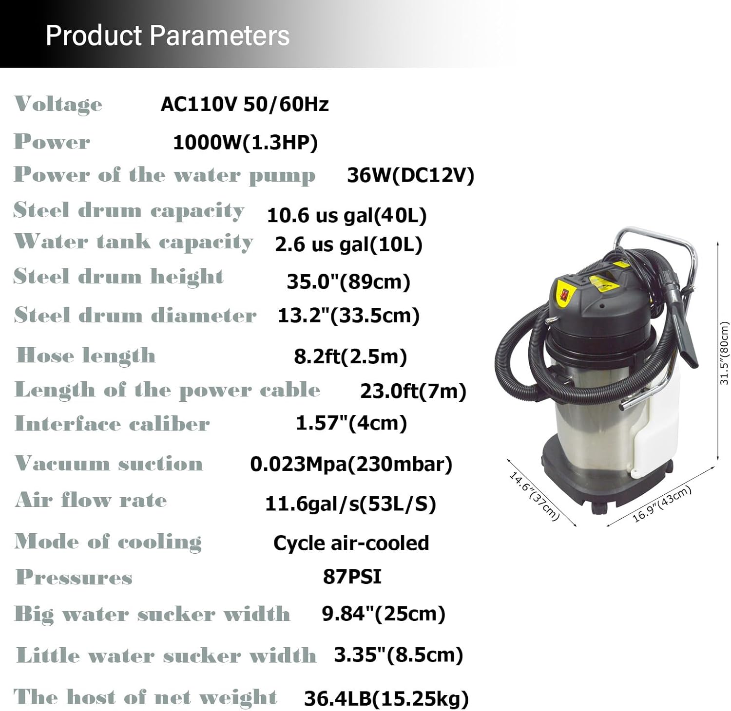 40L Wet & Dry Vacuum Cleaner Carpet Cleaner 3IN1 Commercial Multifunction 1000W Carpet Floor Extractor 110V