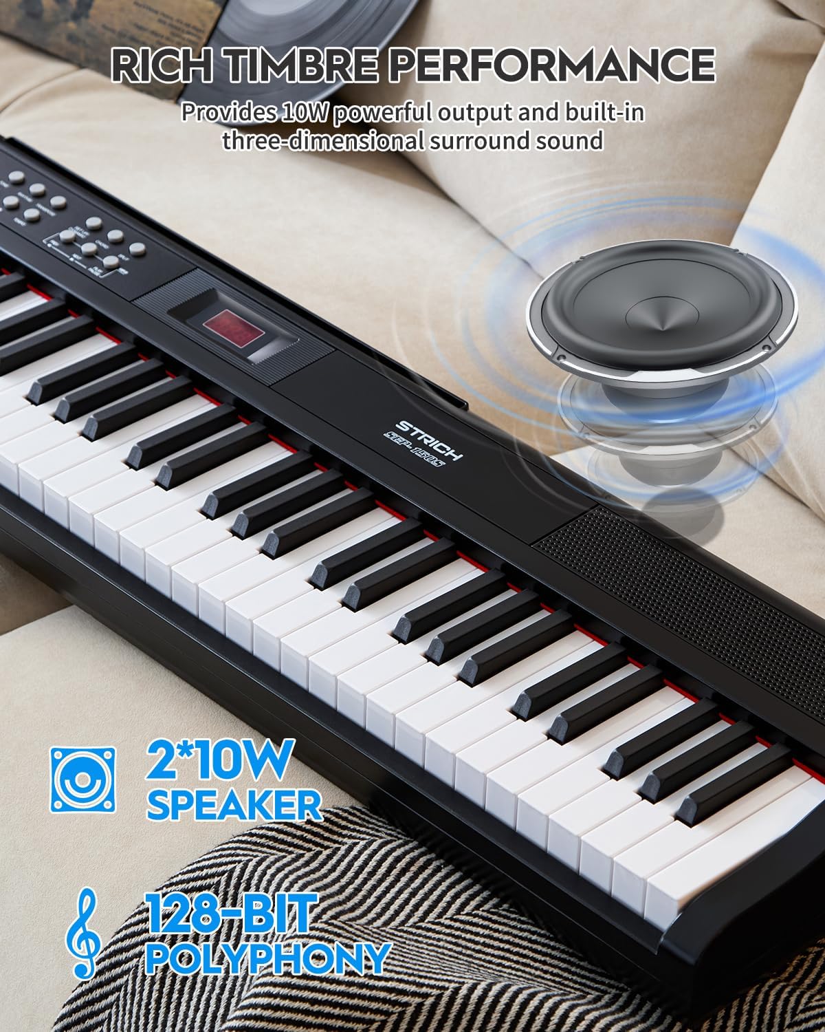 STRICH 88 Key Digital Piano Full Size Electric Keyboard with Semi-Weighted Sensitive Keys, Portable Electric Piano Set for Beginner, Bundle with Sustain Pedal, Headphones, Music Rest, SEP-150S