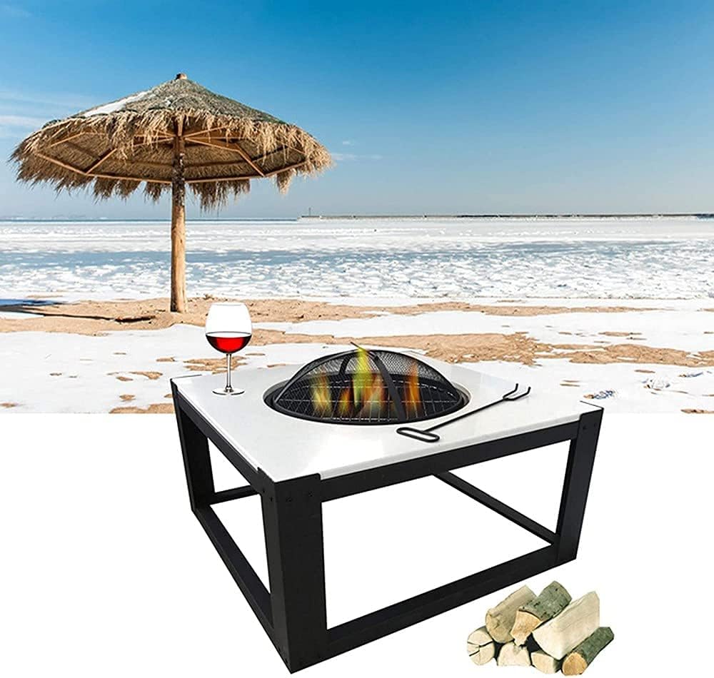Cast Stone Bonfire Table,Party Fire Pit for Camping,Patio Heater,with Deep Fire Pit Bowl/Net Cover/Chrome Grilled Wire Mesh/Black Charcoal Tray
