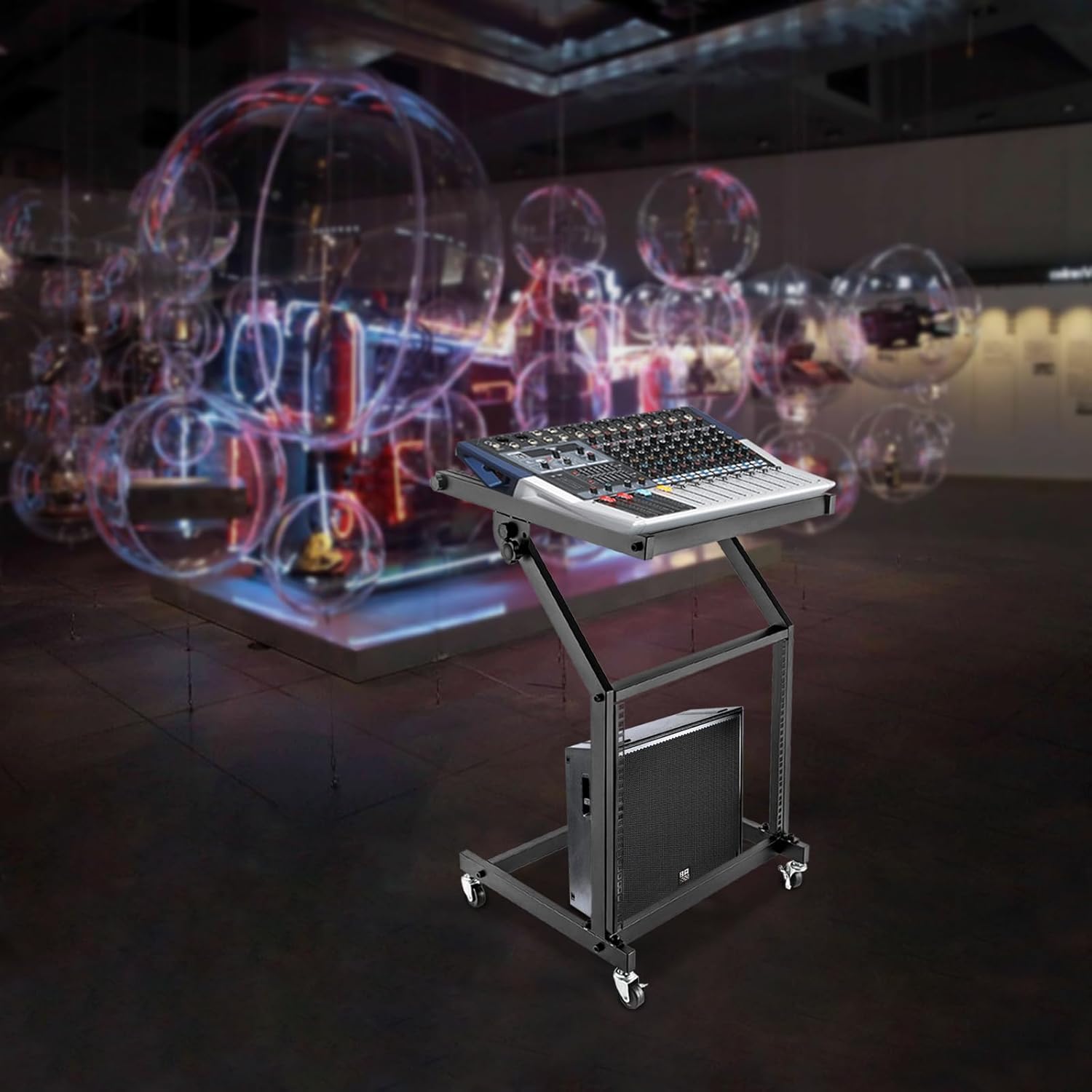 Studio Mixer Stand, 9U Rack Mount Mixer Case Stand, Adjustable Studio Equipment Cart, Stage Amp DJ Rolling Black For Stage or Studio Amplifier, Effects