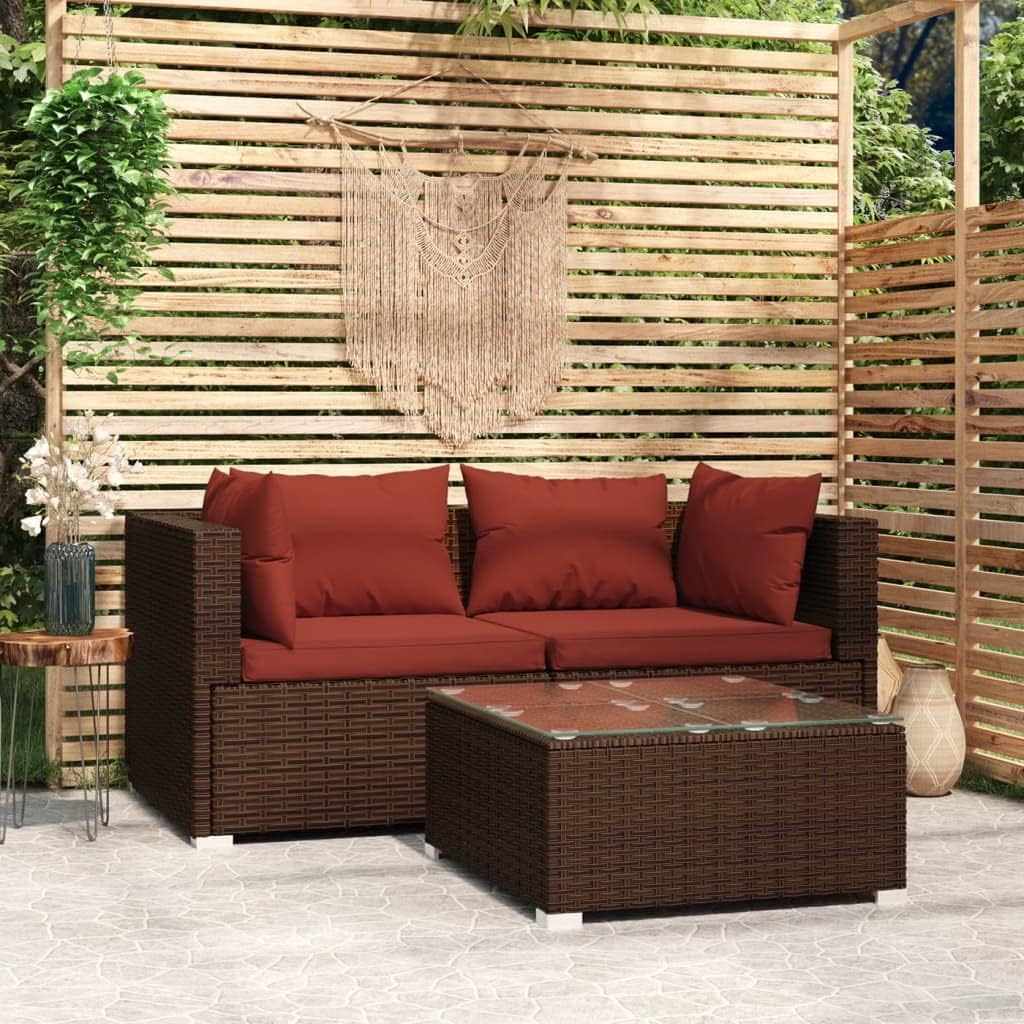 Patio Set Patio Furniture Set 3 Piece with Cushions Brown Poly Rattan