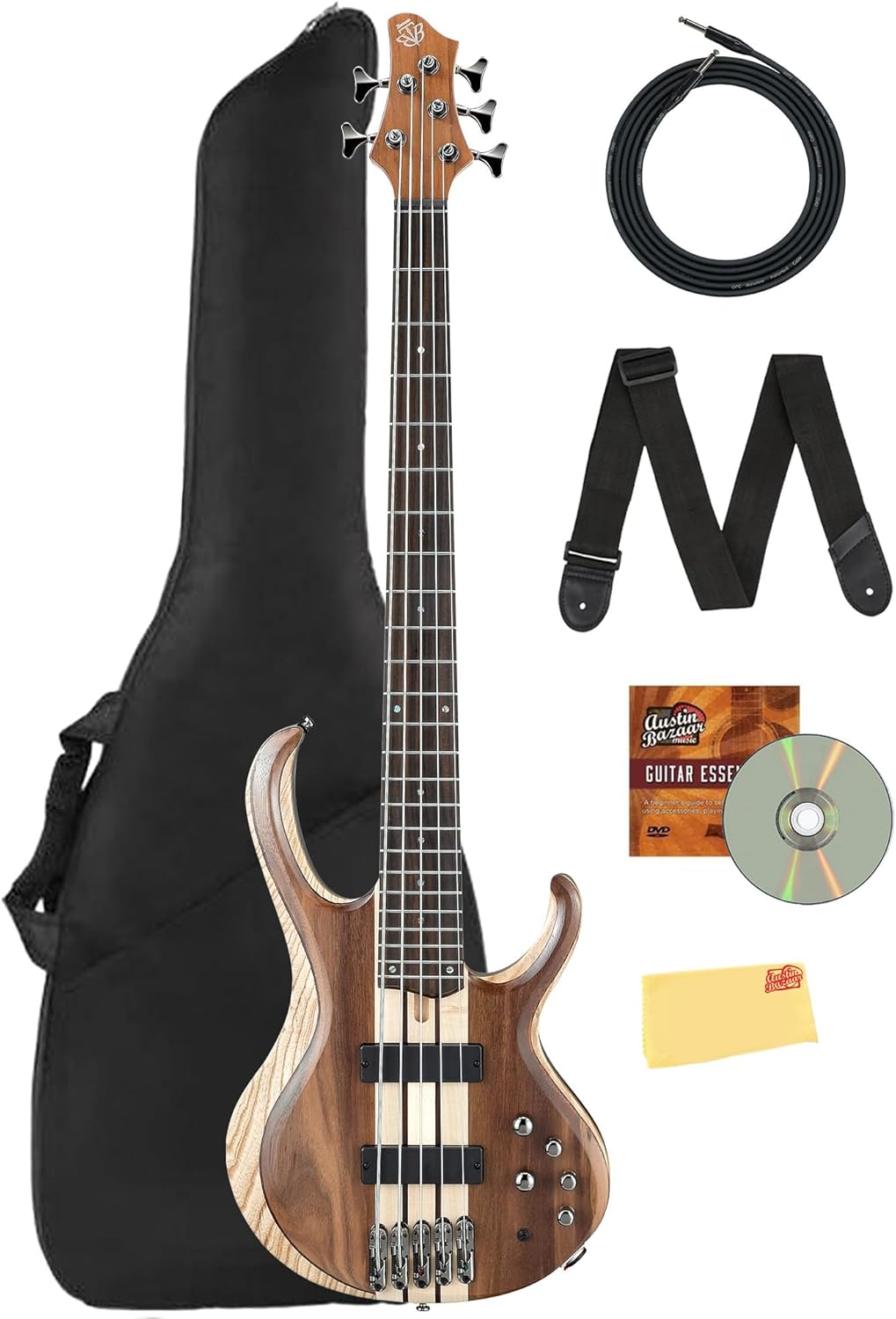 Ibanez BTB745 Standard 5-String Bass Guitar - Natural Low Gloss Bundle with Gig Bag, Strap, Instrument Cable, Austin Bazaar Instructional DVD, and Polishing Cloth
