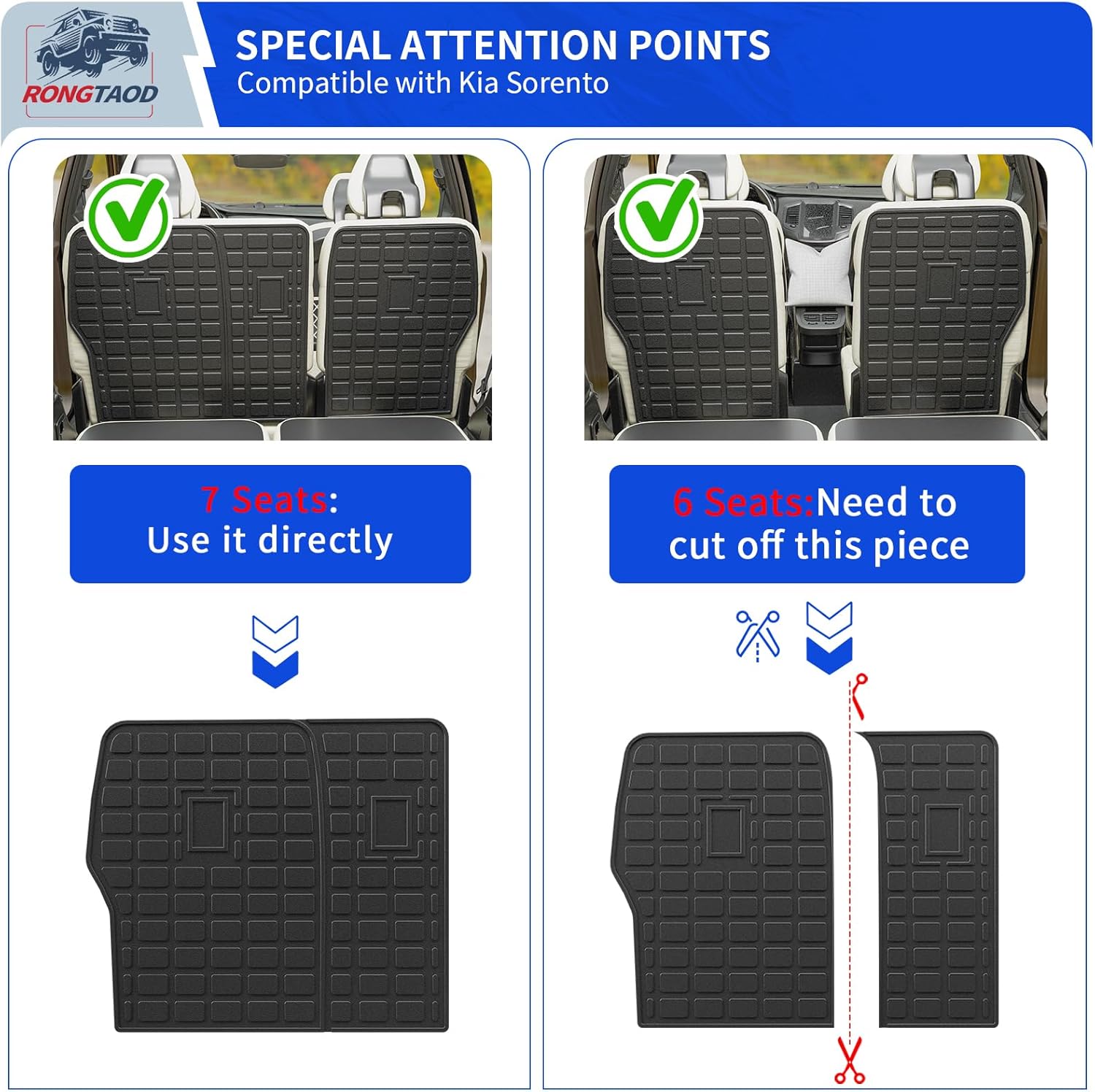 Rongtaod Floor Mats Compatible with 2021-2025 2026 Kia Sorento 6&7 Seats NO Hybrid Cargo Mat Cargo Liner Trunk Liner Trunk Mat Kick Mats Back Seat Protector 2024 Fuel Sorento Accessories (Set of 7)