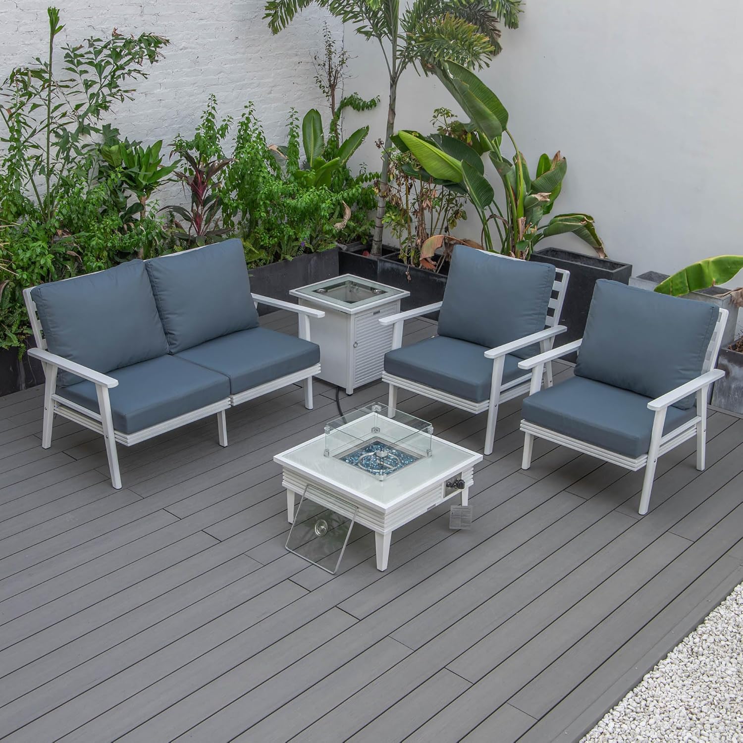 LeisureMod Walbrooke Modern Aluminum 5-Piece Patio Conversation Set with Outdoor Square Fire Pit Table with Slats Design & Side Table Tank Holder (Navy Blue)