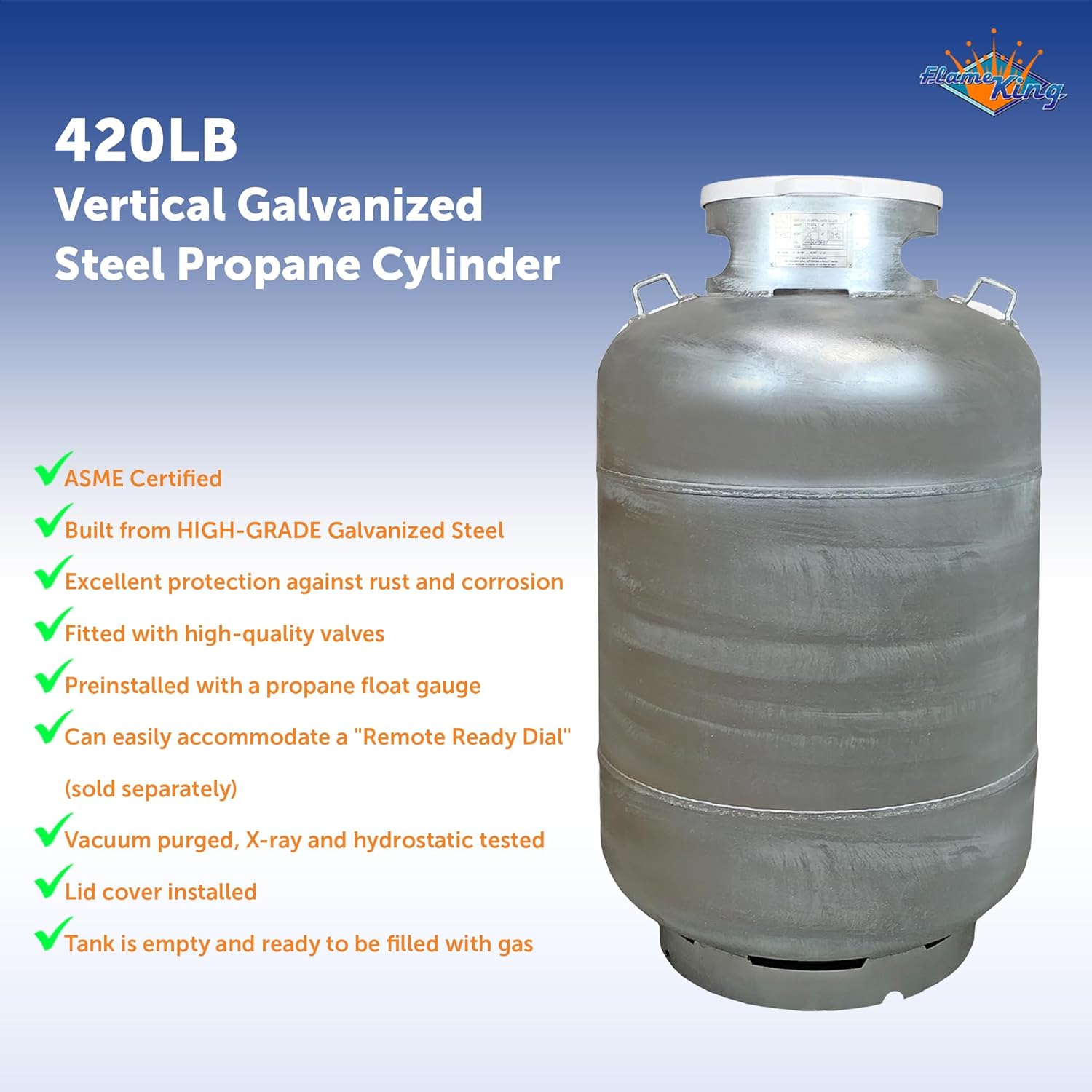 Flame King YSN420ASME-TH-GALV 420LB (120 Gallon) ASME Vertical Galvanized Steel Propane Tank, White