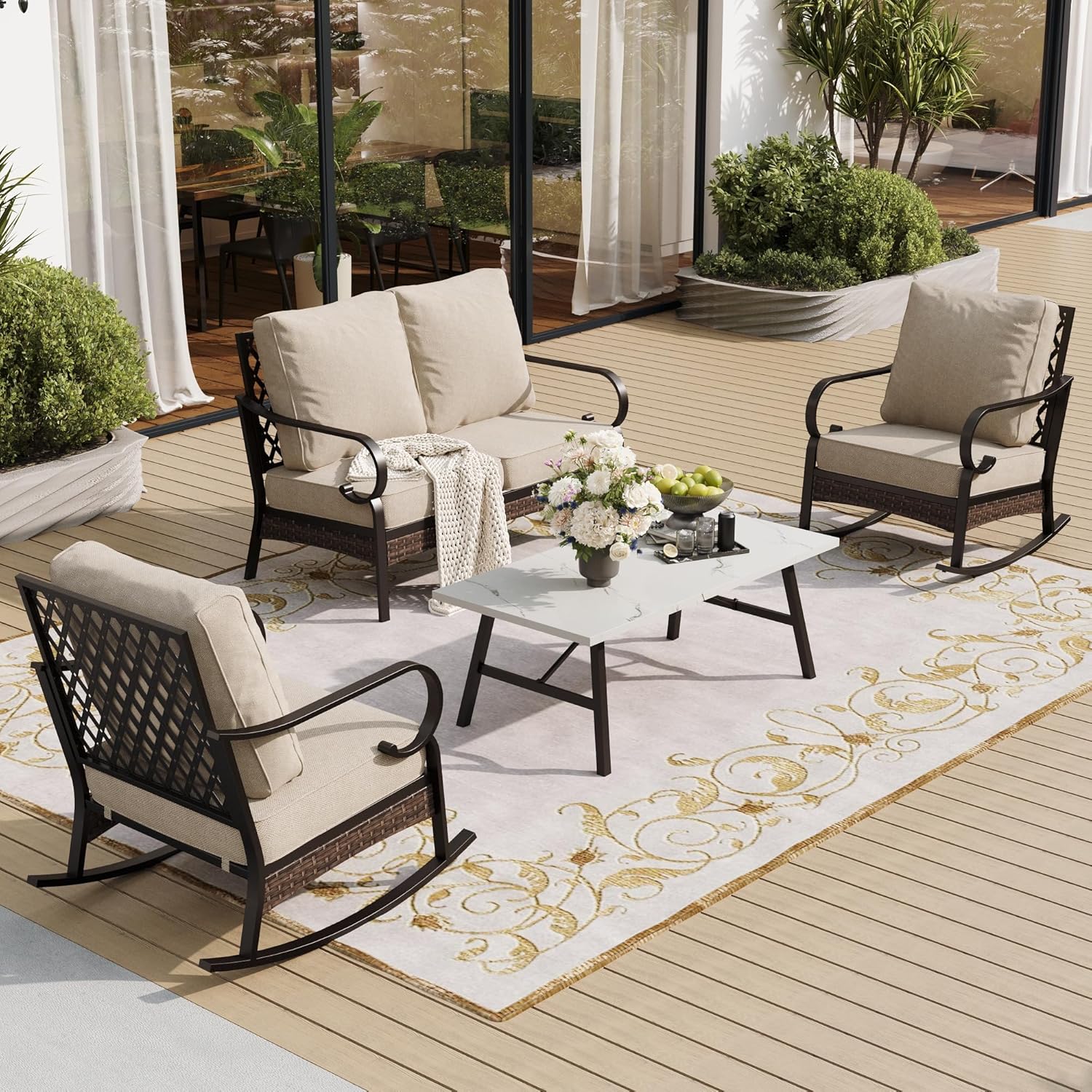 4 Piece Metal Outdoor Patio Furniture Sets, Patio Conversation Sets 1 Loveseat, 2 Rocking Sofa with 5.75