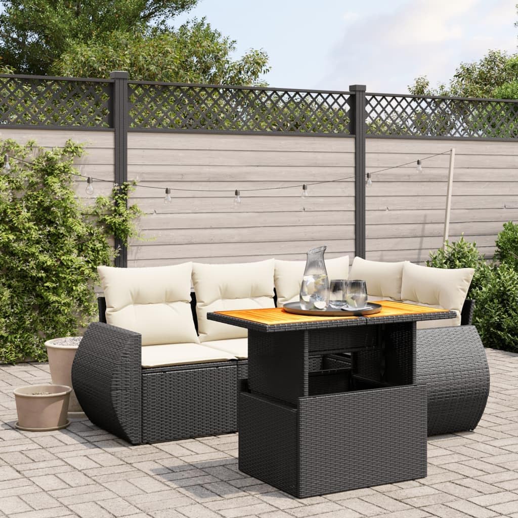 5 Piece Garden Sofa Set, Black Poly Rattan Outdoor Patio Furniture with Cream White Cushions, Durable All-Weather Seating for 6 People, Modern Design Dining Table Set