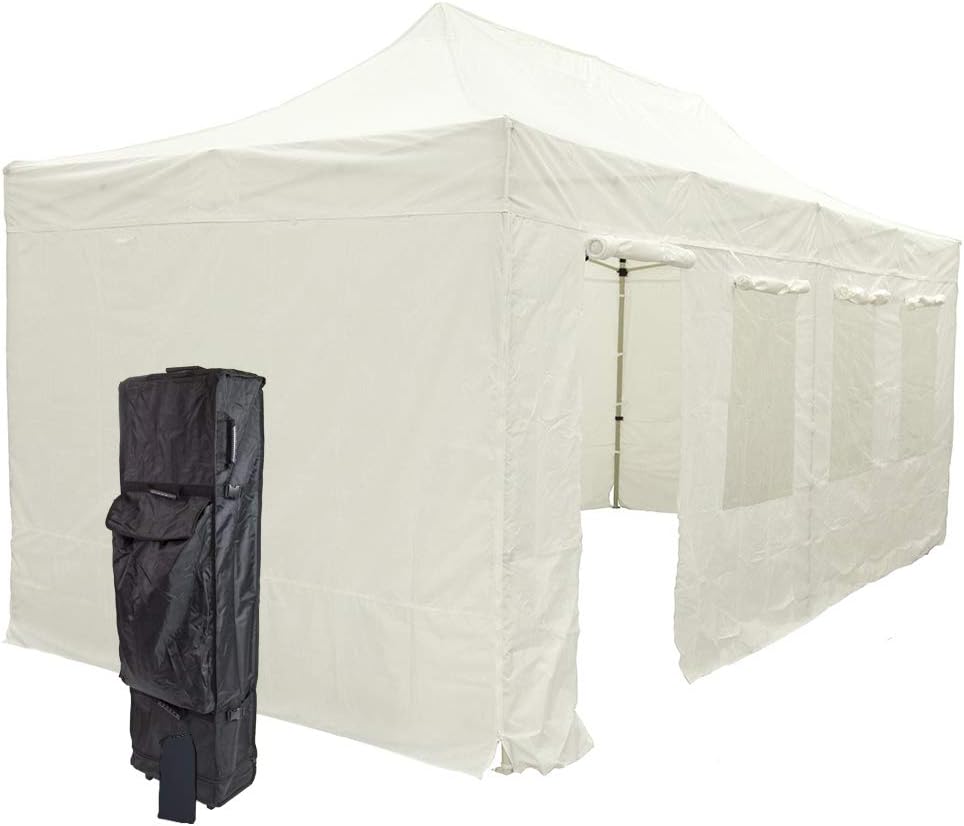 Vispronet White 10x20 Steel Canopy Tent Kit - Resists Up to 25mph Wind Gusts - Includes 10x20 Door and Window Wall, Full Wall, 2 10x10 Full Sidewalls, Canopy Storage Bag, and Stake Kit