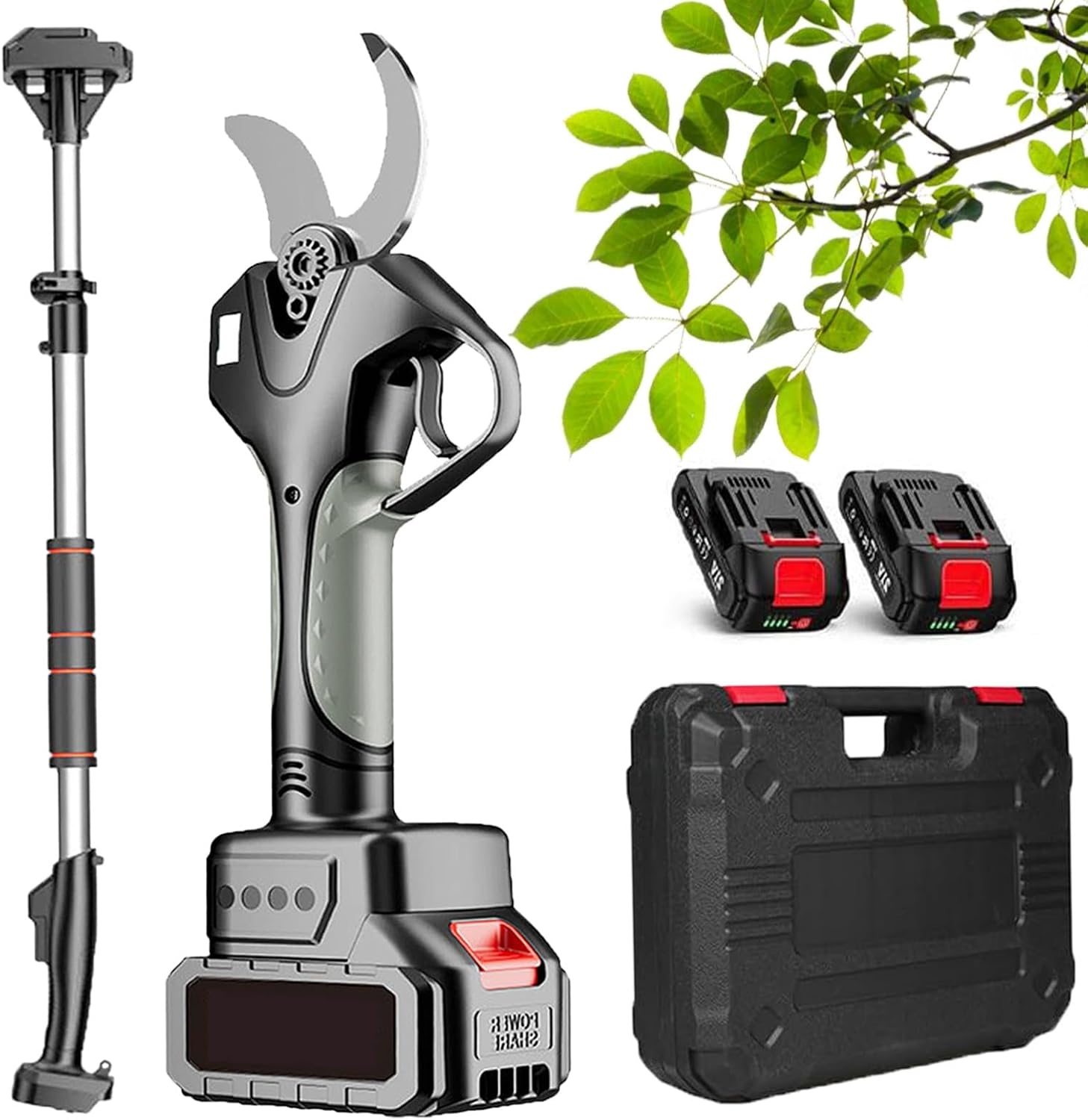 Electric Pruning Shears 2 Inch, Cordless Tree Pruner with 2x2000mA Rechargeable Battery, Power Scissors for Gardening, Trimming Branch, Bush (7 Foot High Reach Extension Rod),1*battery