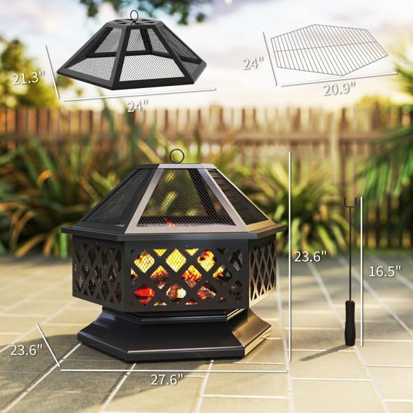 Outdoor Fire Pit 2-in-1 BBQ Grill Fire Pit with Spark Screen Lid, Fire Poker, Grill Grate, Hexagon Steel Wood Burning for Patio, Backyard, Camping