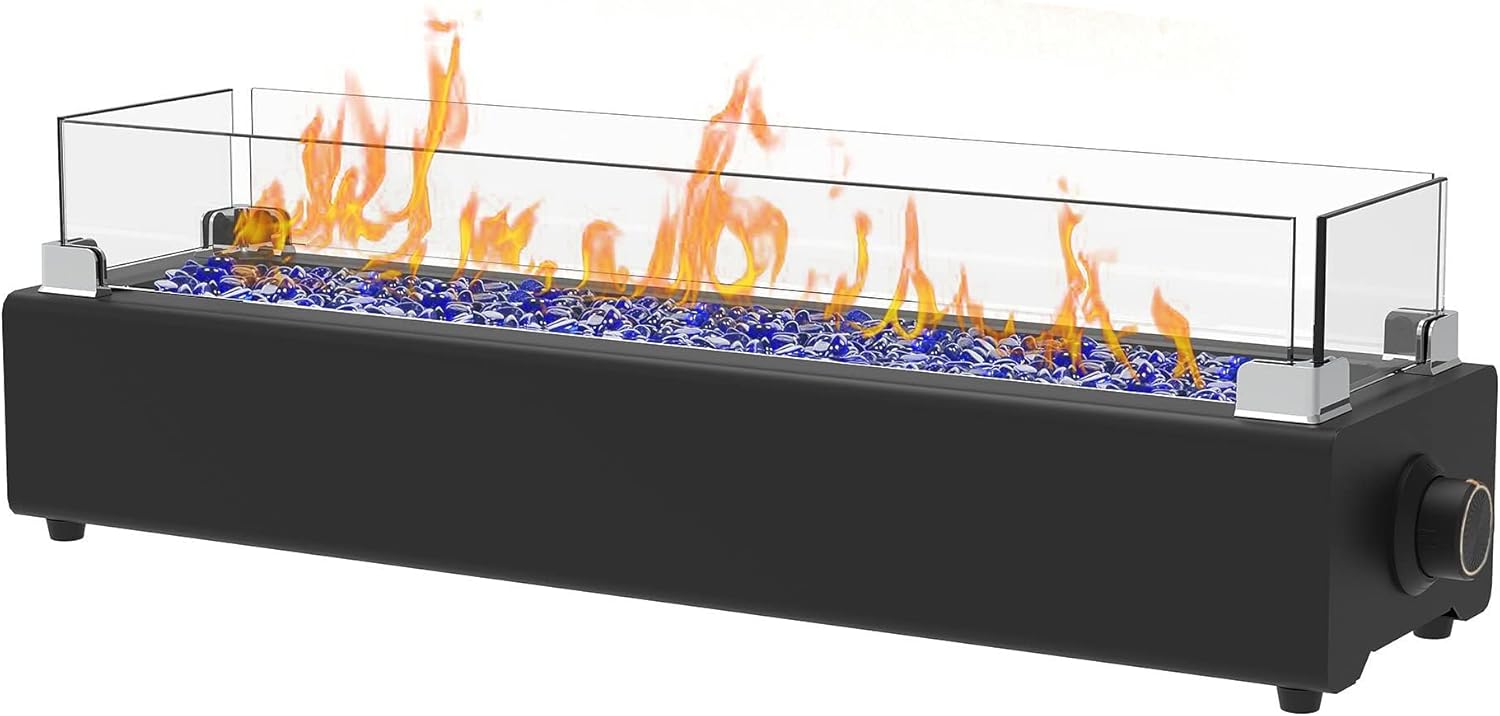 28-inch Table Top Propane Fire Pit, 40,000 BTU Tabletop Firepit for Patio, Outdoor Portable Rectangular Fire Bowl w/Wind Glass Shield, Glass Rocks - Black