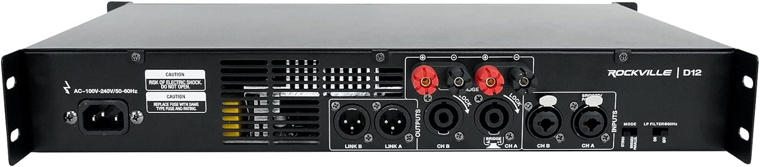 Rockville D12 5000W Peak/1400W RMS 2-Channel Class D Amplifier, LCD Display, Crossover Switch, Rack-Mountable, 4/8 Ohm Power Output, for DJs and Live Sound