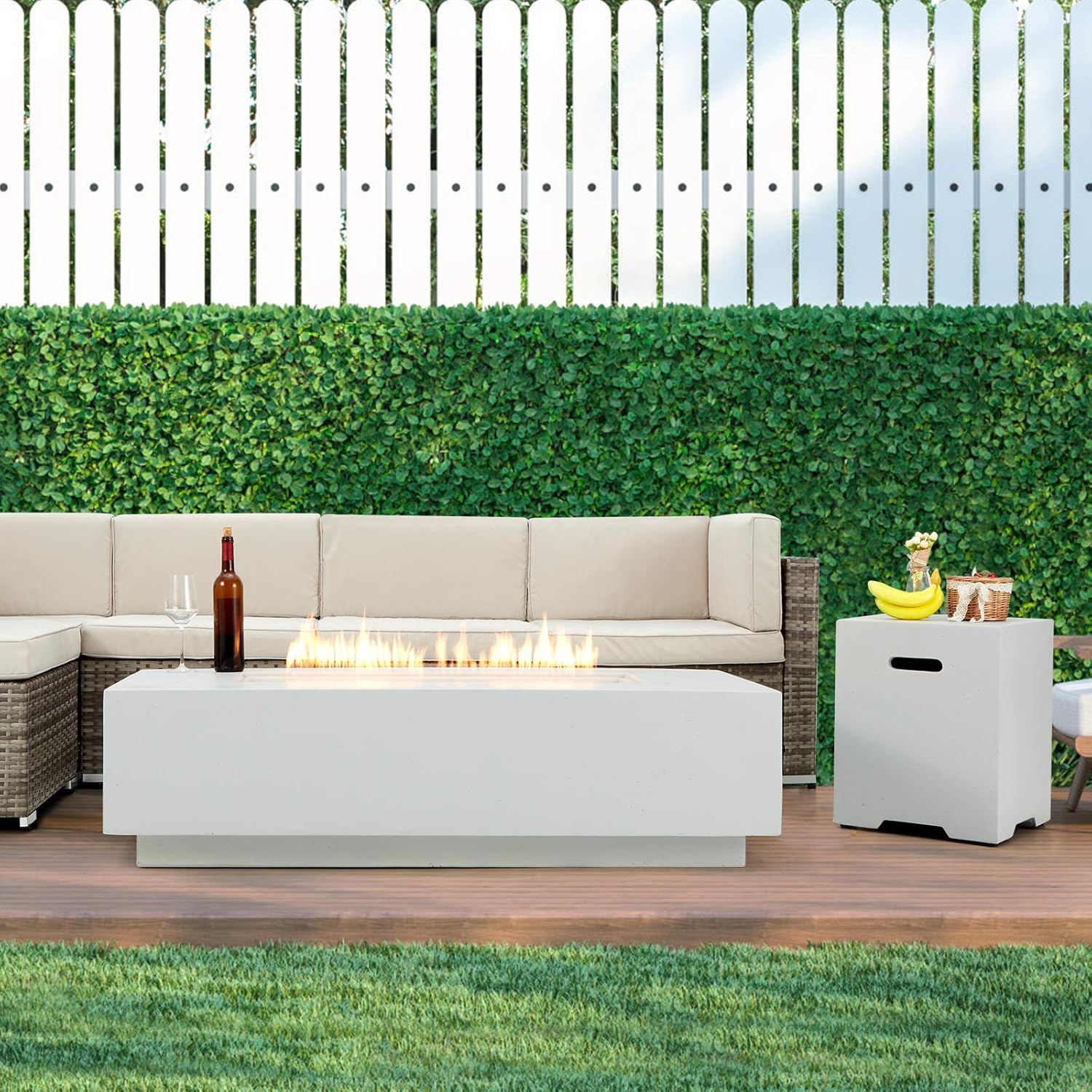 ECOTOUGE 2-Piece 56Inch Outdoor Propane Fire Pit Table Set with 20 Gallon Gas Tank Side Table, 50,000 BTU Rectangular Concrete Fire Pit, w/Weather Rust-Resistant Cover, Outdoor Furniture