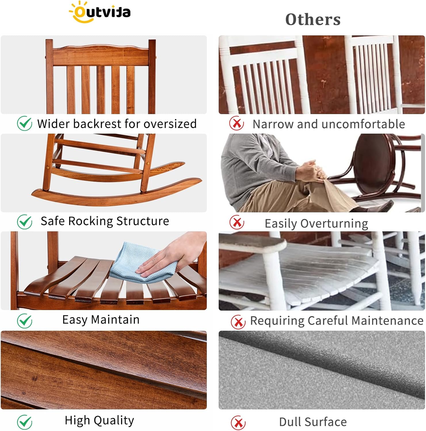 Outvita Outdoor Rocking Chair, Solid Wood High Back Rocker, All Weather Lounge Chair for Porch Patio Fire Pit Garden Backyard Deck Indoor, Wave Shape, Natural