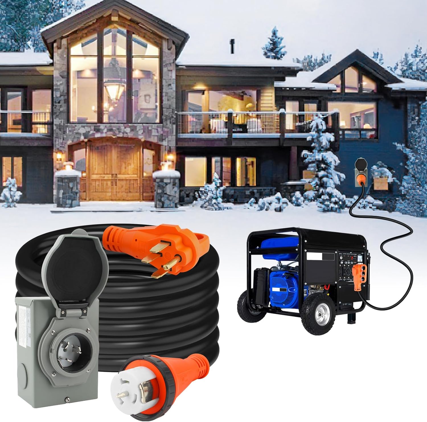 50 Amp Generator Cord and Power Inlet Box Combo Kit 20 FT, NEMA 14-50P SS2-50R STW 6/3+8/1 AWG Generator Cable and NEMA SS2-50P Power Inlet Box for Generator to House, ETL Listed