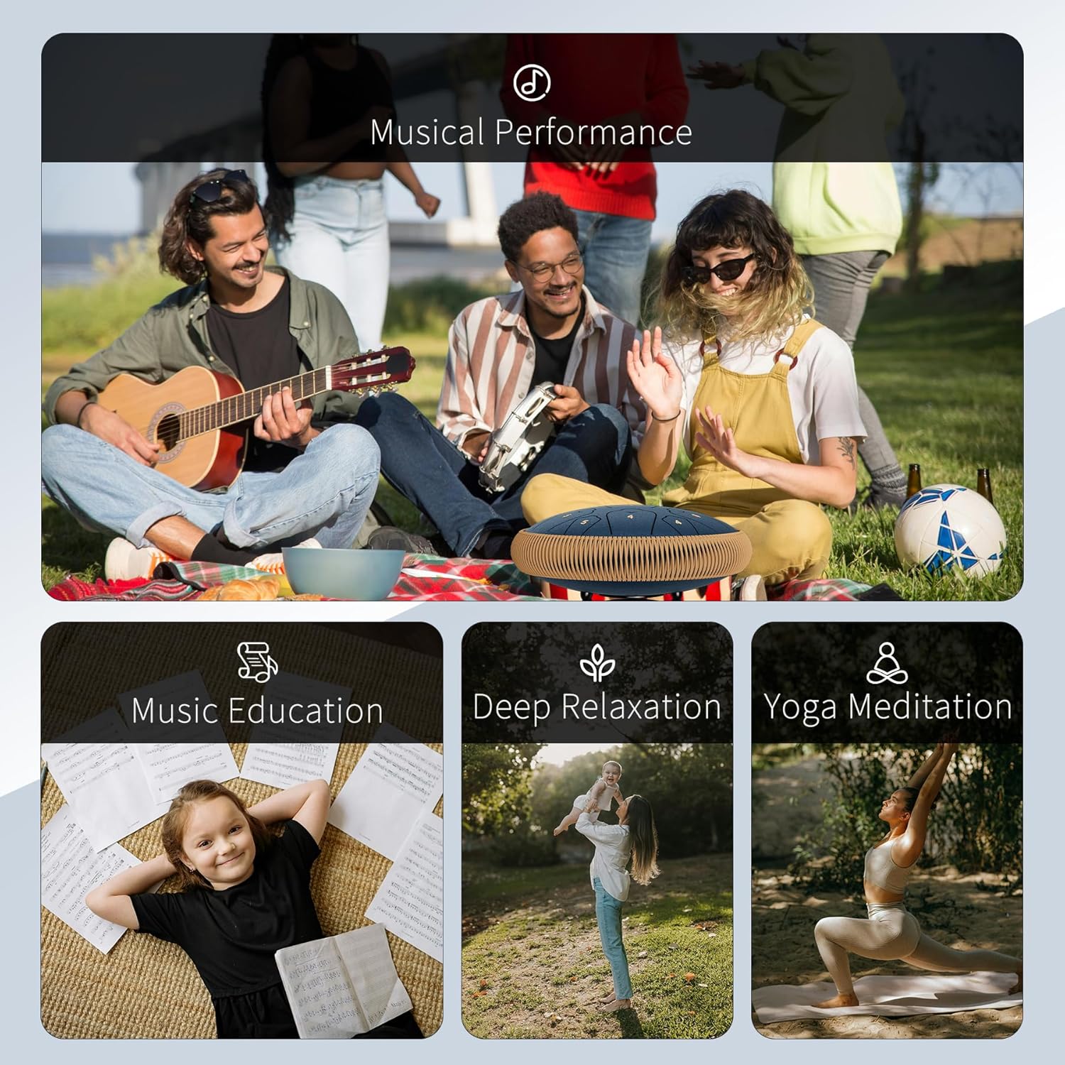 Steel Tongue Drum, 13 Inch 15 Notes Tongue Drums, C Major Drum Percussion Instruments, Handpan Drums with Music Book, Drum Mallets and Carry Bag (Navy Blue)