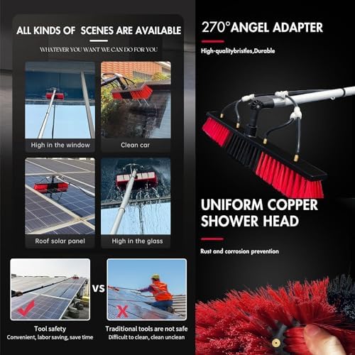 Glass Cleaning Brush Household Water Supply Telescopic Pole Kit Solar Panel Rotating Brush Solar Photovoltaic Panels，9M Telescopic Water Fed Window Cleaning Pole for Photovoltaic a