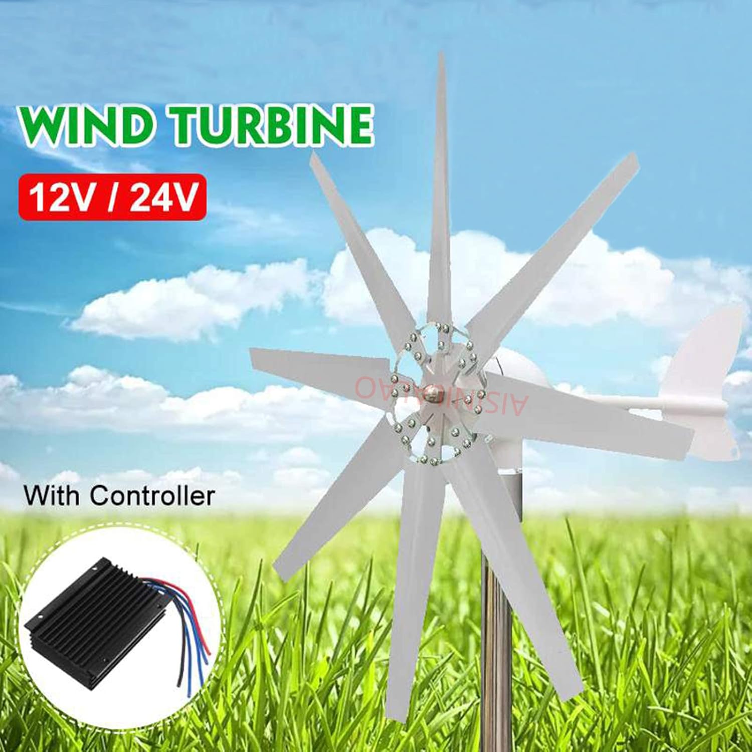8000W 12V/24V Auto Match AC Wind Turbine Power Generator+Charge Controller, 8 Blades Horizontal Wind Turbine for Home Or Streetlight Projects(White)
