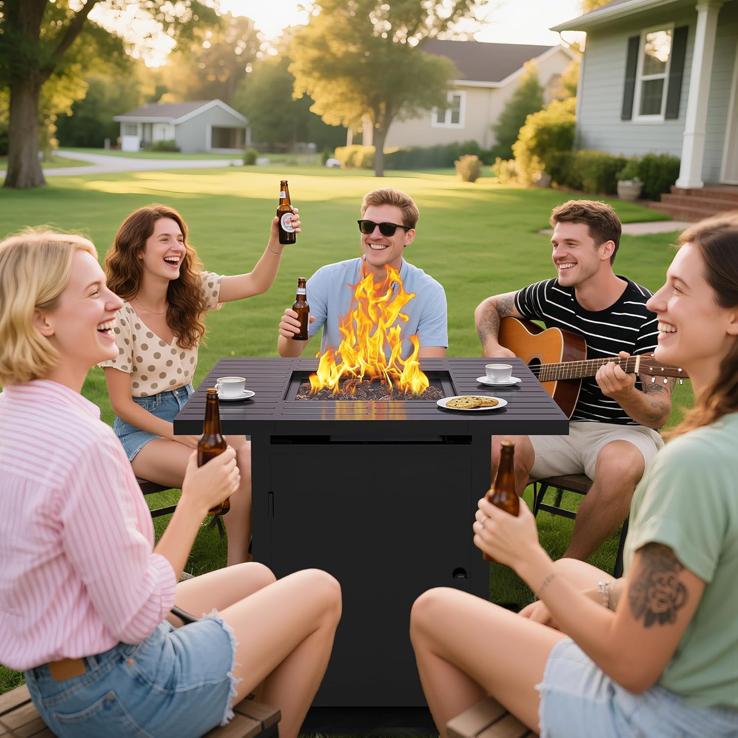 Royalcraft 2 in 1 Propane Fire Pit Table, 50000 BTU Gas Fire Pits Table with Removable Lid, Lava Rock and Cover, Square Fire Table for Dining or Party on Garden, Patio, Yard, 30