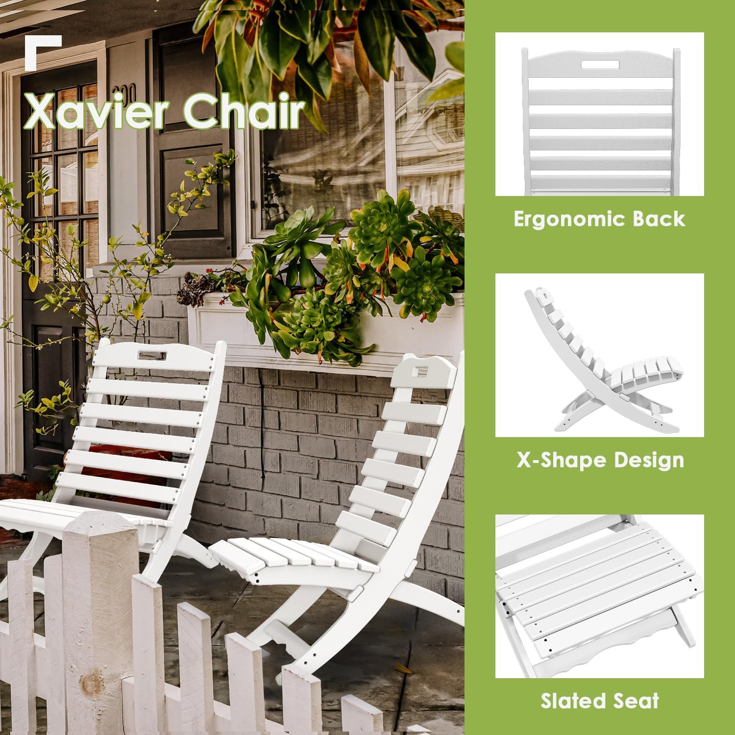 GREENVINES Folding-Xavier-Chairs Set of 4 | Wave | Portable Adirondack-Chair | HDPE Plastic | All Weather Fire-Pit Chair | White | for Beach Outdoor Deck Poolside Garden Patio Porch Fishing