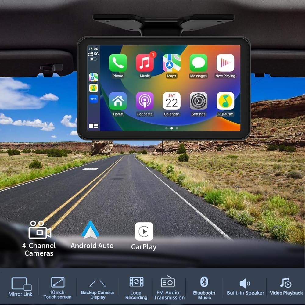 10.1'' Touch Screen 4CH 1080P Car Dash Cam DVR Backup Camera System FM Radio Built-in Speaker Wireless Apple CarPlay Android Auto Link Audio Output Playback for Truck Caravan Trailer Motorhome RV