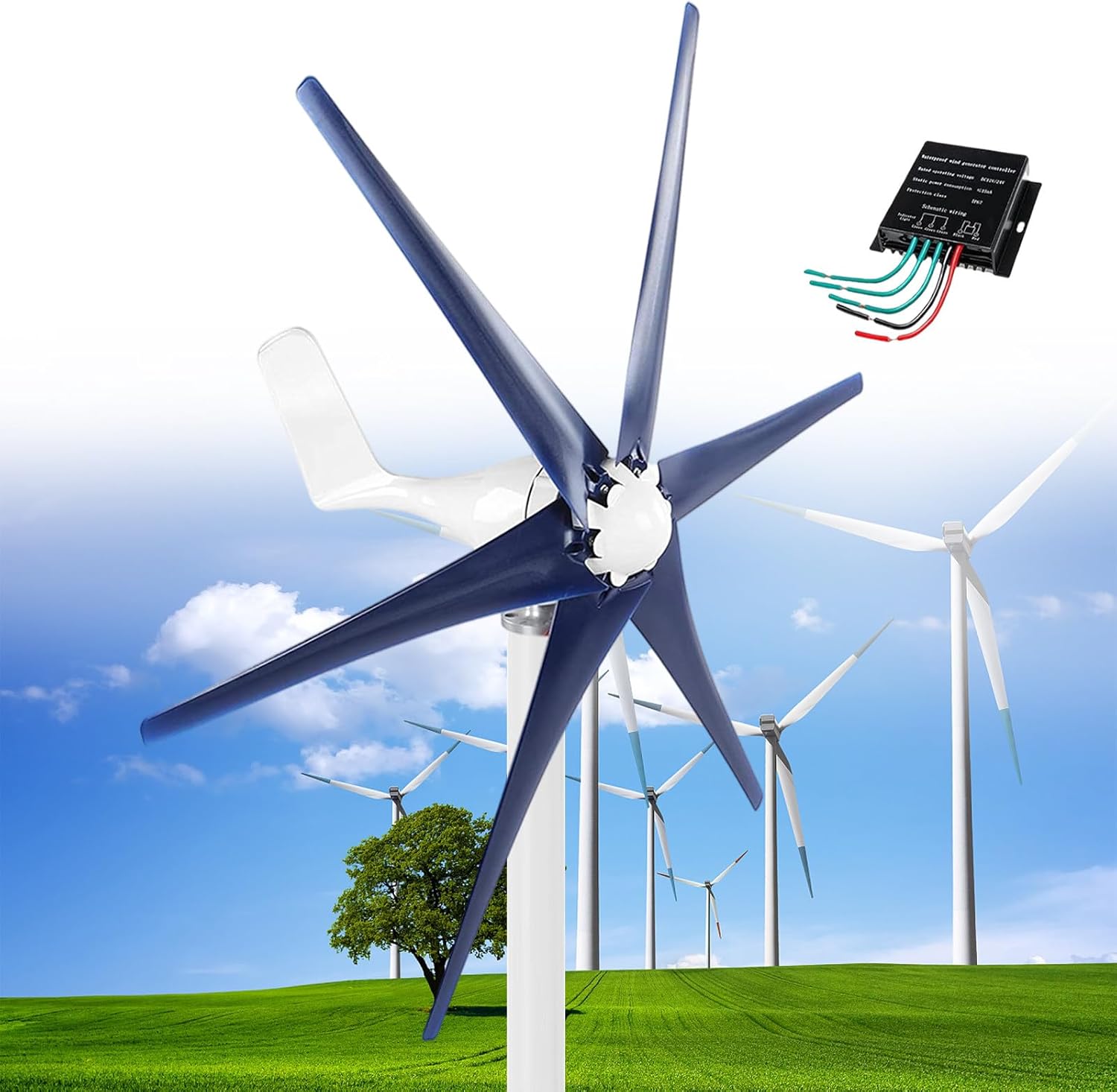 Wind Turbine, 12000W DC 12V/24V/48V Wind Turbine, Generator with 5 Blades Wind Turbine Kit with Solar Wind Hybrid Controller Windmill Generator for Homes Energy Supplementation,Navy24V