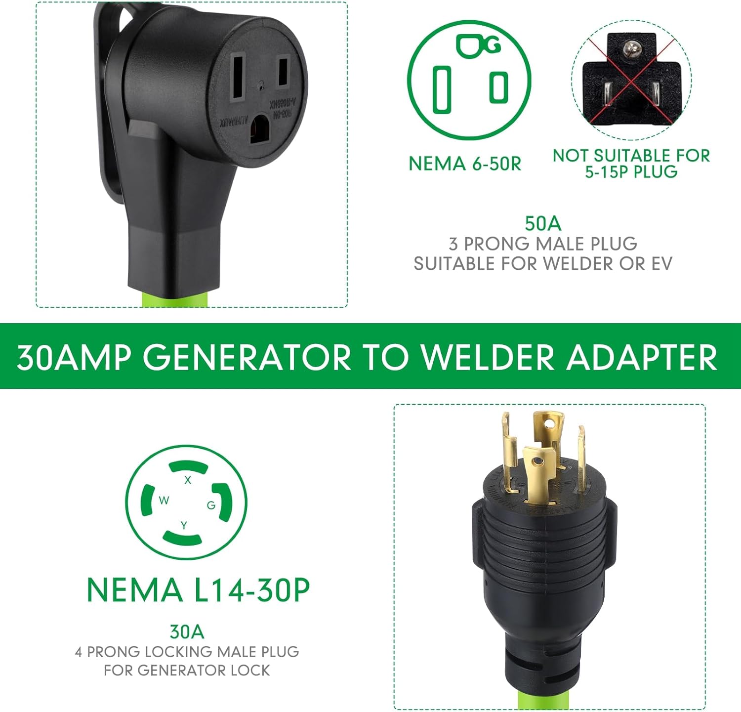 Kanayu 25 ft Welder Extension Cord Compatible with Nema L14-30p to 6-50r, 4 Prong Generator to 3 Prong Welder Power Adapter Cord 30 Amp Generator Locking Plug Connector to Welding