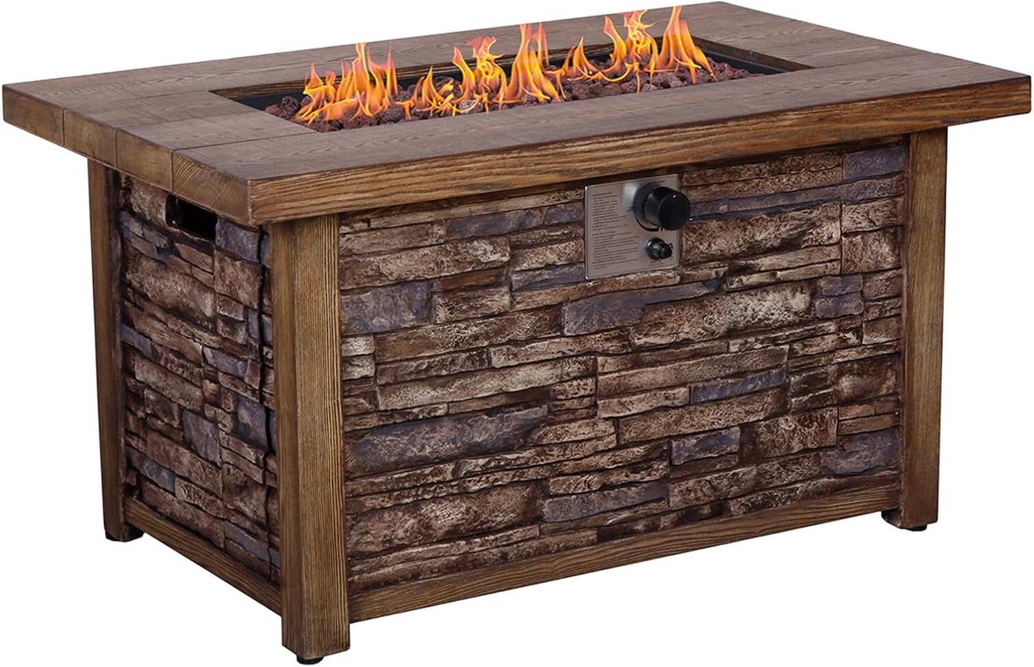 43.5 Inch 50,000 BTU Rectangle Fire Pit Table Weather Cover, Steel Lid, Lava Rock, Faux Woodgrain Top and Faux Stone Texture Base Propane Gas Fire Table for Outdoor