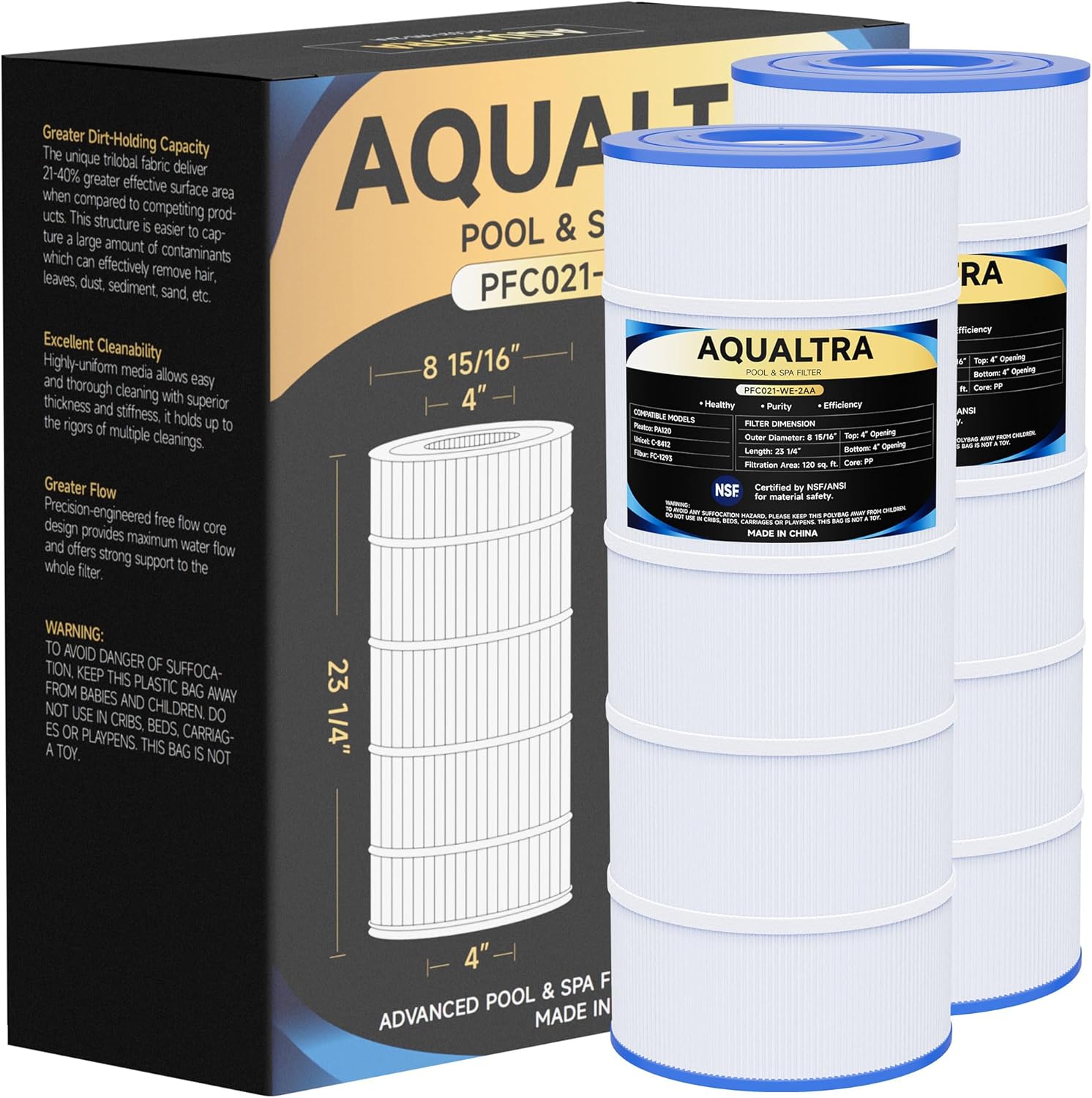 AQUALTRA Pool Filter Cartridge Compatible with C1200, PA120, CX1200RE, C-8412, FC-1293, 120 sq. ft., 23 1/4