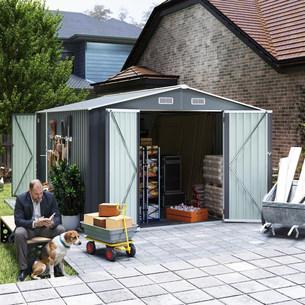 Outdoor 10×12 FT Metal Storage Shed for Backyard – Heavy-Duty Steel Structure with Lockable Double Doors, Weather-Resistant Garden Tool & Equipment Storage House (Dark Gray + Metal-3)