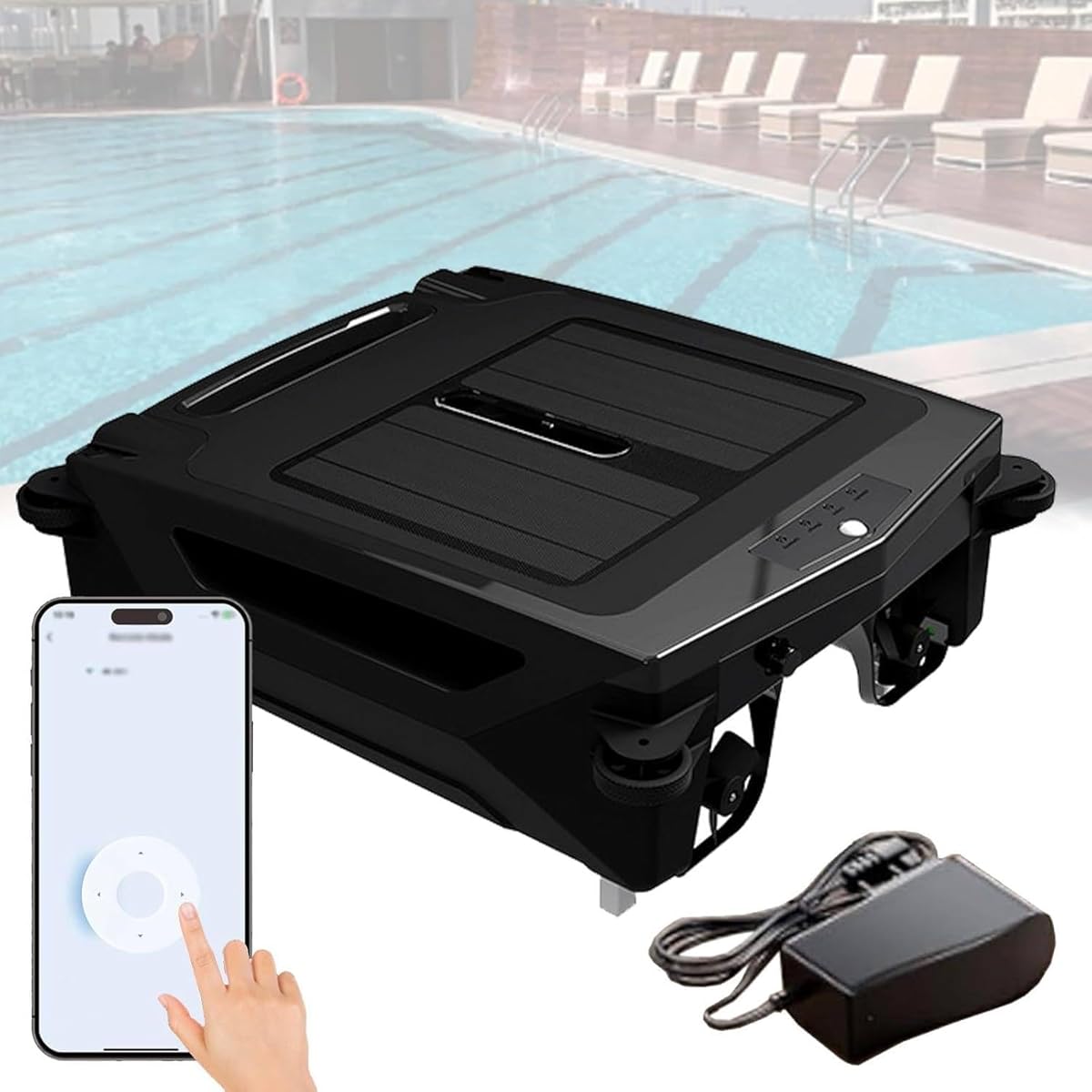 Automatic Cordless Robot Solar Powered Pool Skimmer Cleaner for All Swimming Pool Sur-Face, with App Support, Dual Charging Options, 2 Speed Modes, Smart Obstacle Avoidance