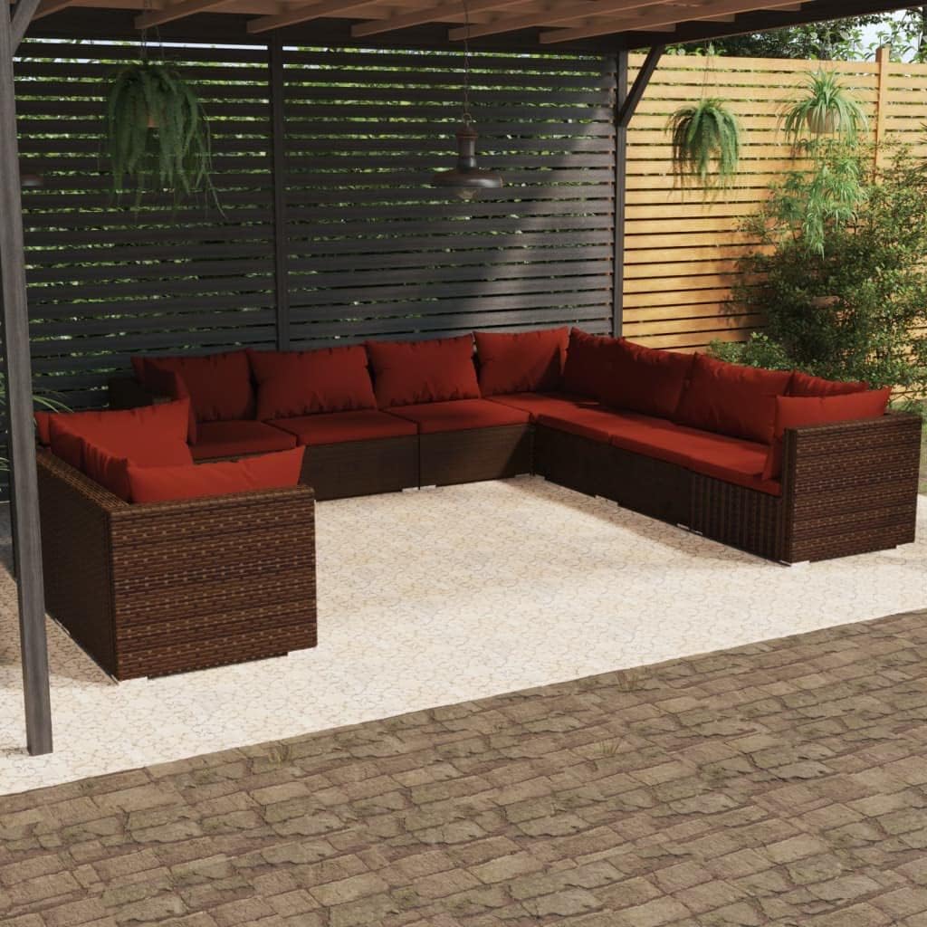 9 Piece Patio Lounge Set with Cushions Brown Poly Rattan,Poly Rattan Patio Lounge Set with Comfortable Cushions for Outdoor Relaxation Patio Furniture Sets, Outdoor Furniture Sets