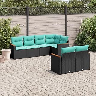 7 Piece Modular Patio Sofa Set in Black with Blue Cushions, Weather-Resistant Poly Rattan Outdoor Furniture, Storage Functionality, Washable Cushions, Flexible Layout