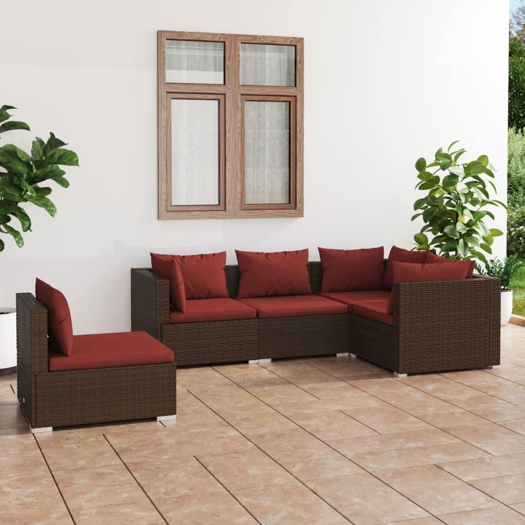 5 Piece Patio Lounge Set with Cushions Poly Rattan Brown,Premium Outdoor Lounge Set with Modular Design for Endless Comfort and Style Patio Furniture Sets, Outdoor Furniture Sets