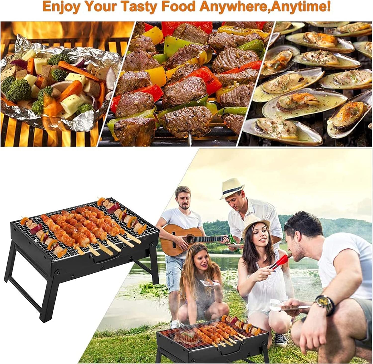 Fire Pit with BBQ Grill Shelf Folding Outdoor Garden Patio Heater Grill Wood Burning Log Burner with Poker, Grill, Grate,16.9''x11.41''x9.05''