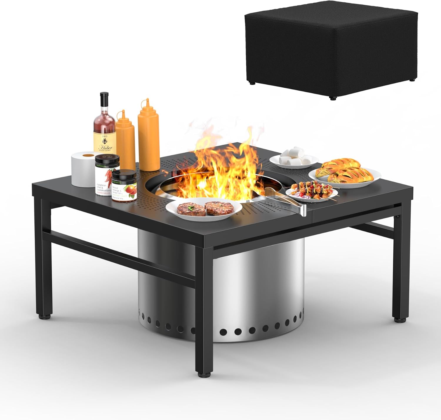 45'' Fire Pit Surround Tabletop for Solo Stove Yukon, Bonfire and Ranger Wood Burning, Outdoor Powder-Coated Square Fire Pit Table with Dust Cover, Outdoor Smokeless Fire Pit Table
