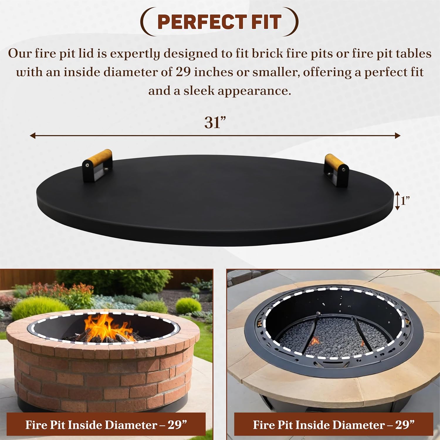 FEBTECH 31 inch Round Fire Pit Cover - 16 Gauge Carbon Steel Fire Pit Lid with Heat Resistant Coating - Perfect for Fire Pit Inside up to 29 Inches - Protect Firepit from Outdoor Eliments