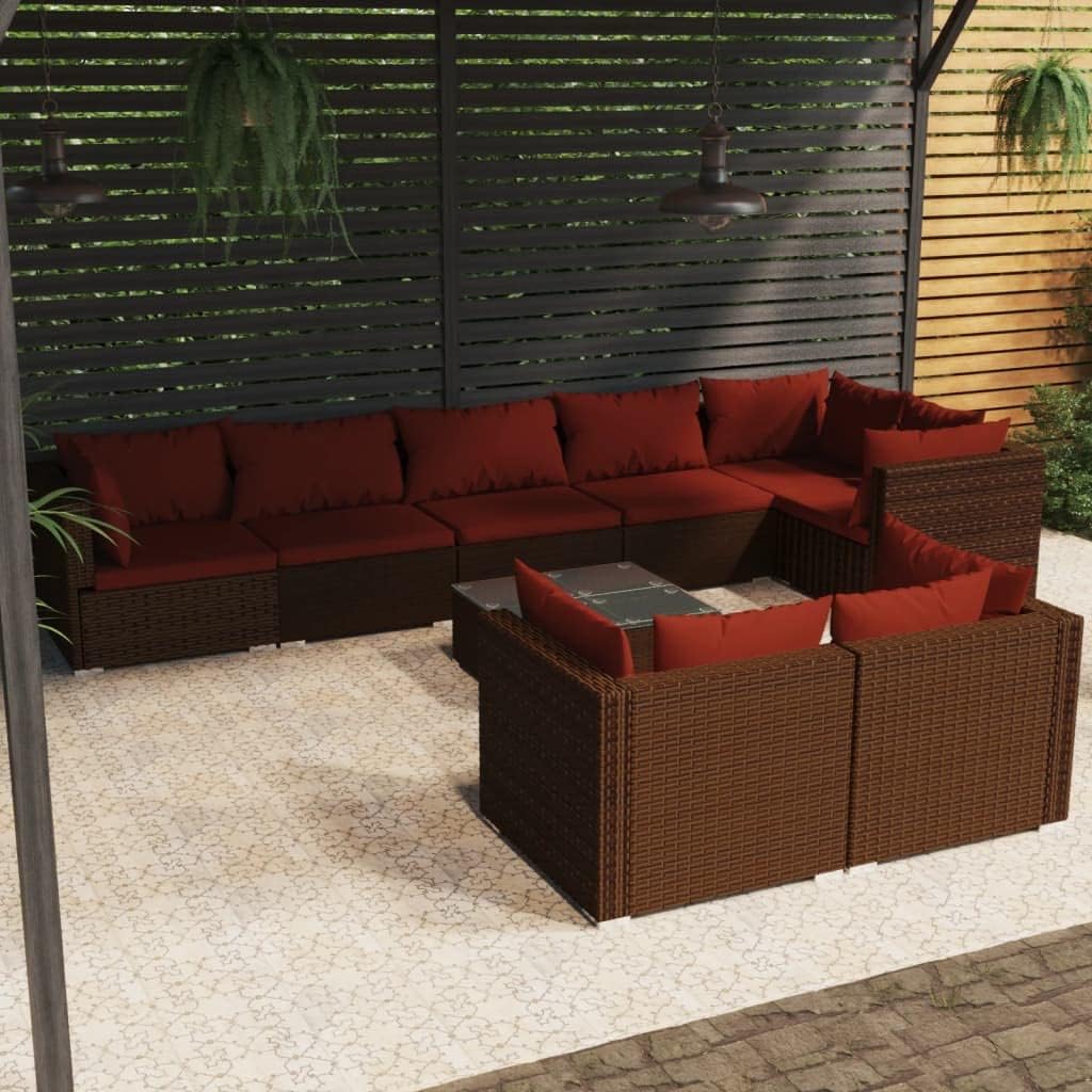 9 Piece Patio Lounge Set with Cushions Brown Poly Rattan Garden Furniture