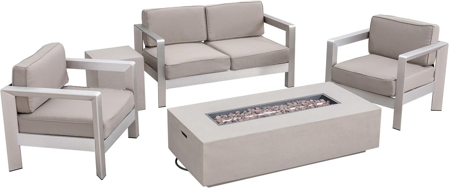 Great Deal Furniture GDFStudio Outdoor 4-Seater Aluminum Chat Set with Fire Pit and Tank Holder, Silver with Khaki and Light Gray