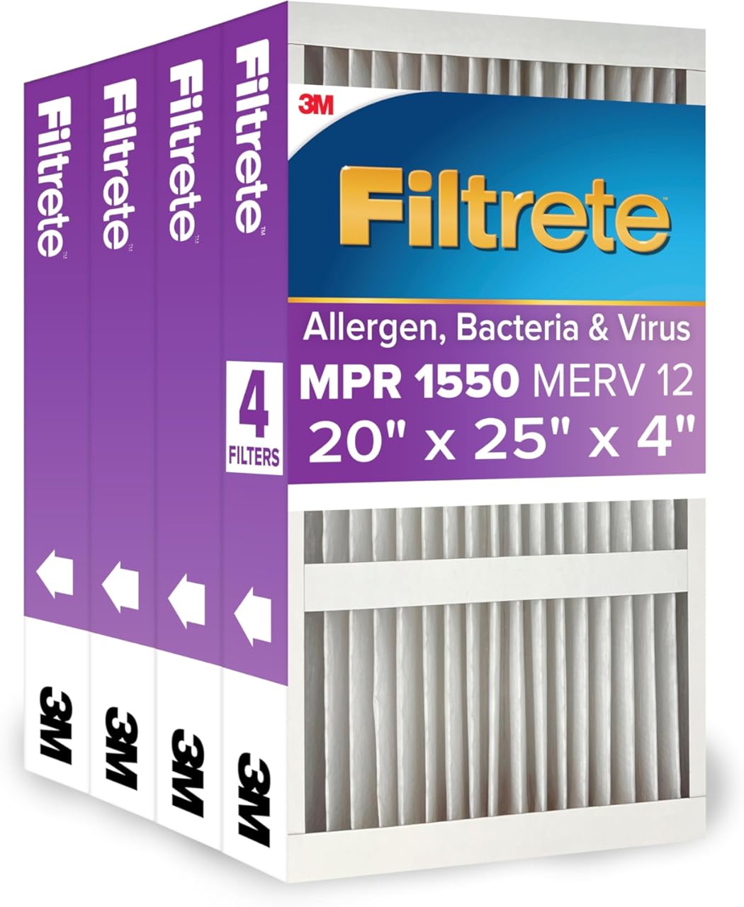 Filtrete 20x25x4 AC Furnace Air Filter, MPR 1550, MERV 12, Fits Honeywell & AprilAire Space-Gard, CERTIFIED Asthma & Allergy Friendly, Electrostatic Filter, 4-Pack (Actual Size 19.88 x 24.63 x 4.31)