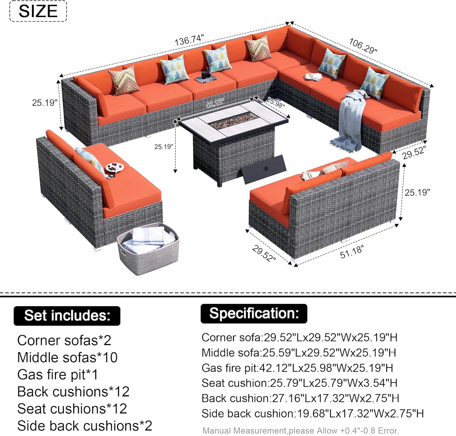 HOOOWOOO Patio Outdoor Furniture Sectional Couch Set with Propane Fire Pit Table,13 Piece Wicker Weather Resistant Conversation Set,Modern Corner L Shaped Modular Sofa Set for Yard(Orange Red)