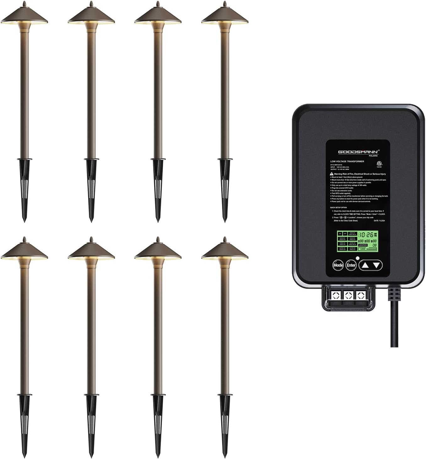 GOODSMANN Low Voltage Path Lights Kits 8PK 10W 25 Lumen Pathway Lights with 300W Landscape Lighting Transformers 12V-15V AC Output with Timer