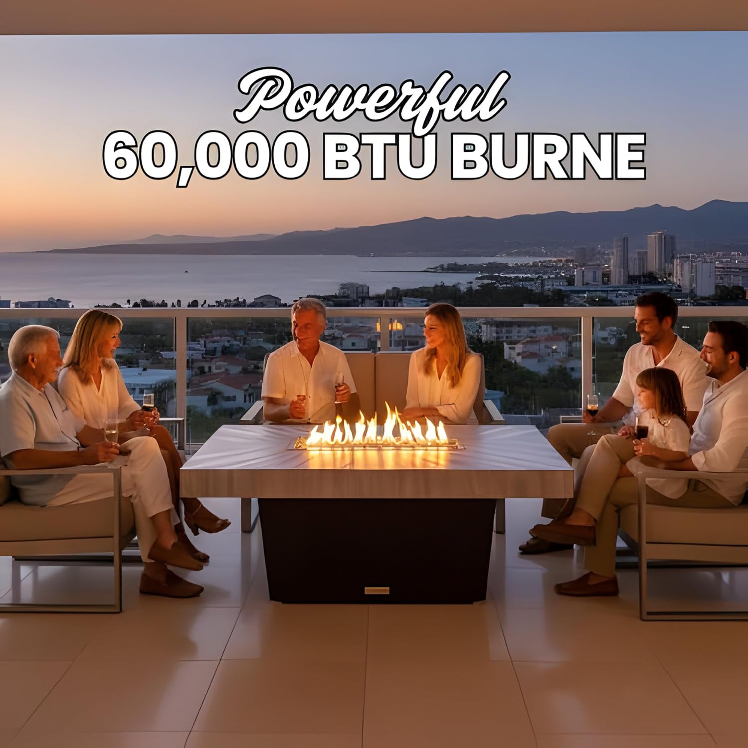 COOKE Palisades Rectangular Fire Pit Table - 52x36 - Chat Height - Propane - Brushed Aluminum Powdercoat Top with 6cm Edge - Black Powdercoat Base