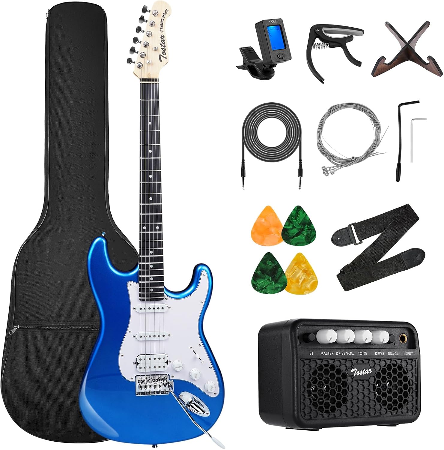 Tostar Electric Guitar Full Size Kit for Beginners 6 String with Amp SSH Pickup with Gig Bag,Capo,Tremolo,Tuner, Strap, Picks Blue Electric Guitars Stratocaster 39