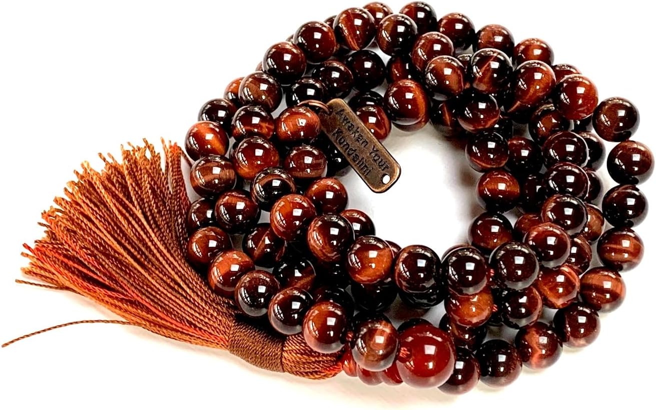AWAKEN YOUR KUNDALINI Red Tiger's Eye Tiger Eye Beaded Mala Necklace - 8mm 108 Prayer Beads Rosary - Power, Authority, Boost Libido, Vitality