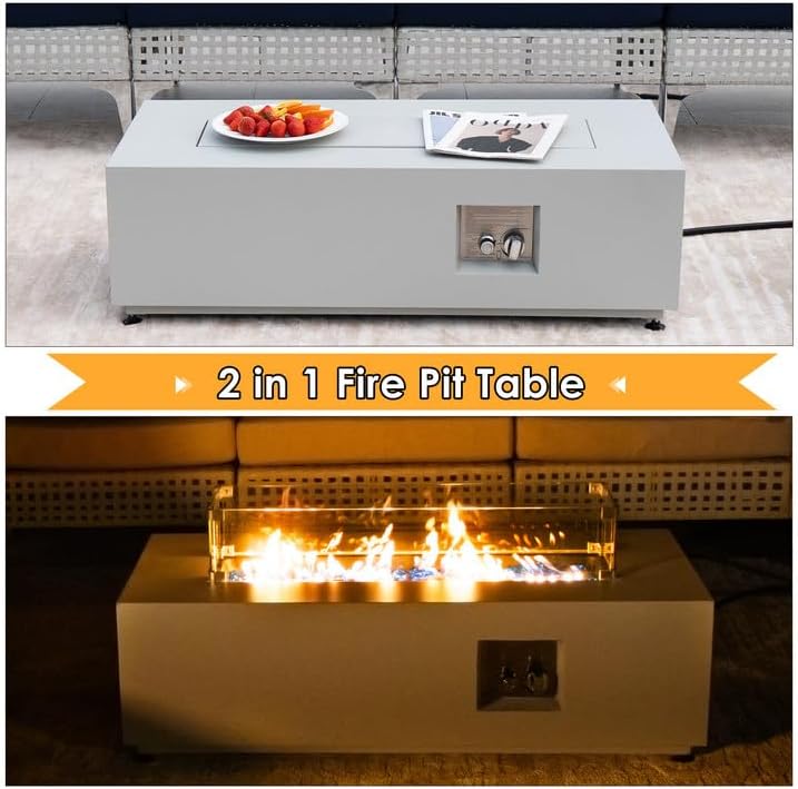 NICESOUL 42'' Rectangle Outdoor Gas/Propane Firepit Table, 50,000 BTU Low Profile Modern Fire Pit with Tank Storage & Windguard& Cover & Glass Rocks for Patio Outside, CSA Certified, Greyish White