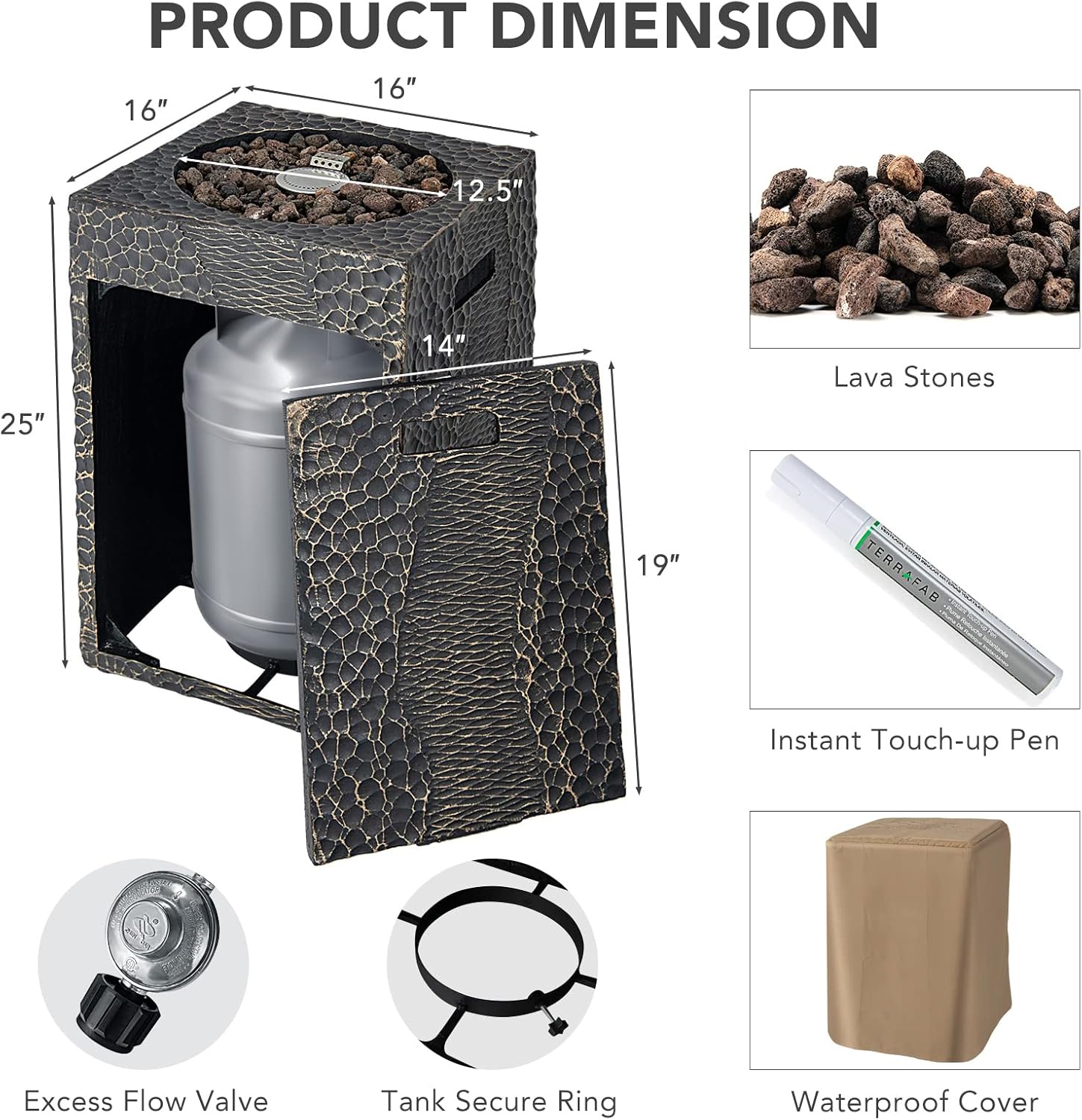 COSTWAY 16-Inch Outdoor Propane Fire Pit, 30,000 BTU Patiojoy Electronic Ignition Square Gas Fire Pit with Protective Cover, Lava Rocks, Touch-up Pen for Backyard, Black